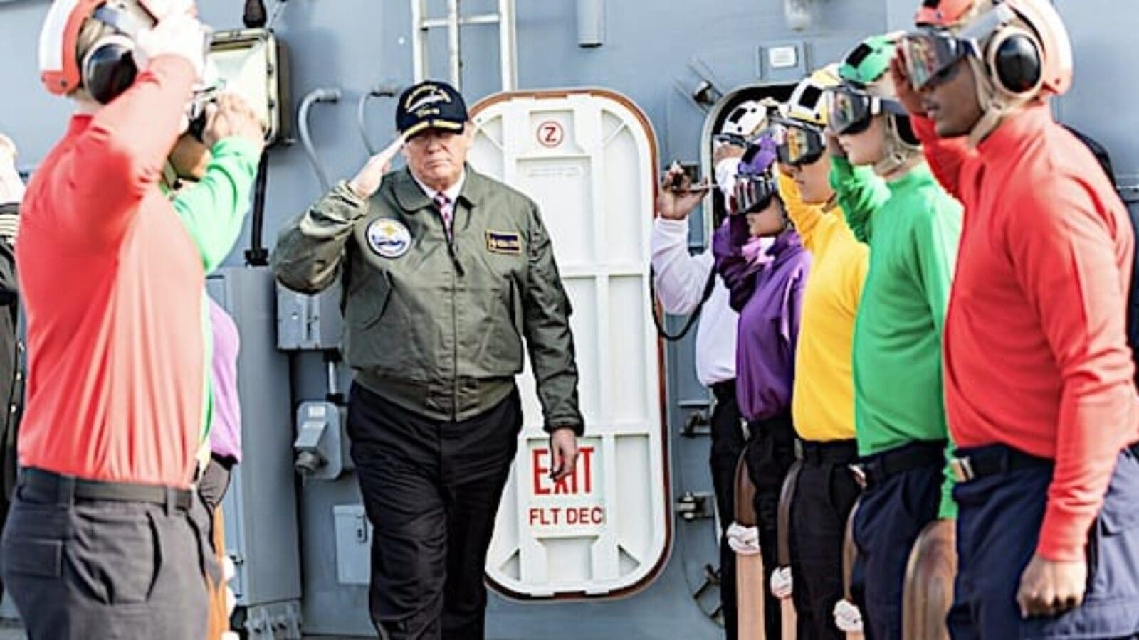 President Donald Trump salutes sailors before boarding Marine One on the PCU Gerald R. Ford, Newport News, Virginia en route to Langley Air Force Base, Hampton, Virginia, Thursday, March 2, 2017. (Official White House Photo by Shealah Craighead)